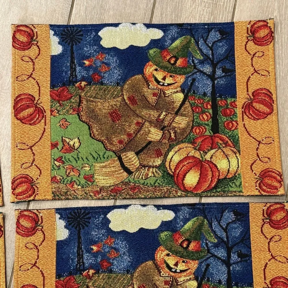 4 Vintage Scarecrow Tapestry Placemat Set Halloween Autumn